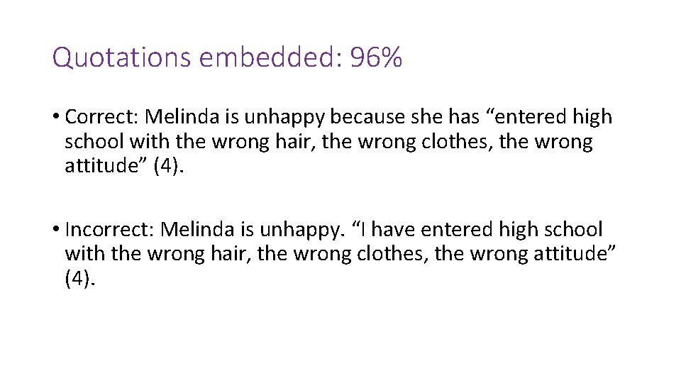 Quotations embedded: 96% • Correct: Melinda is unhappy because she has “entered high school