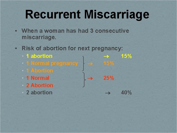 Recurrent Miscarriage • When a woman has had 3 consecutive miscarriage. • Risk of
