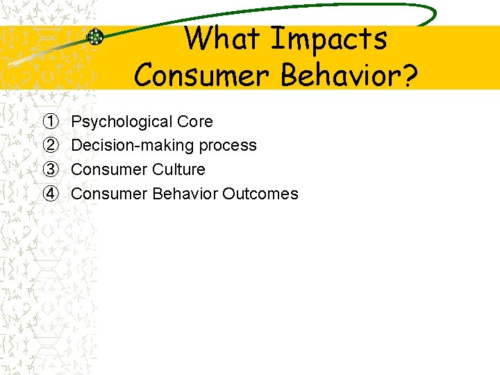 What Impacts Consumer Behavior? ① ② ③ ④ Psychological Core Decision-making process Consumer Culture