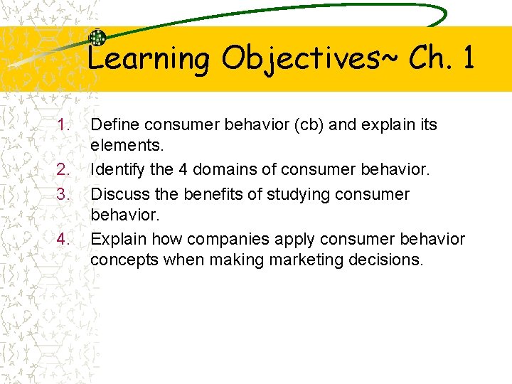 Learning Objectives~ Ch. 1 1. 2. 3. 4. Define consumer behavior (cb) and explain