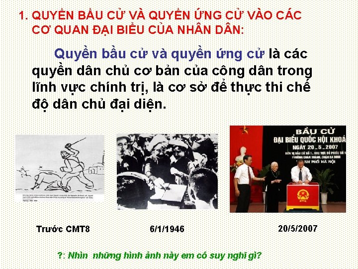 1. QUYỀN BẦU CỬ VÀ QUYỀN ỨNG CỬ VÀO CÁC CƠ QUAN ĐẠI BIỂU