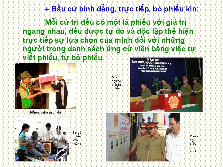 + Bầu cử bình đẳng, trực tiếp, bỏ phiếu kín: Mỗi cử tri đều