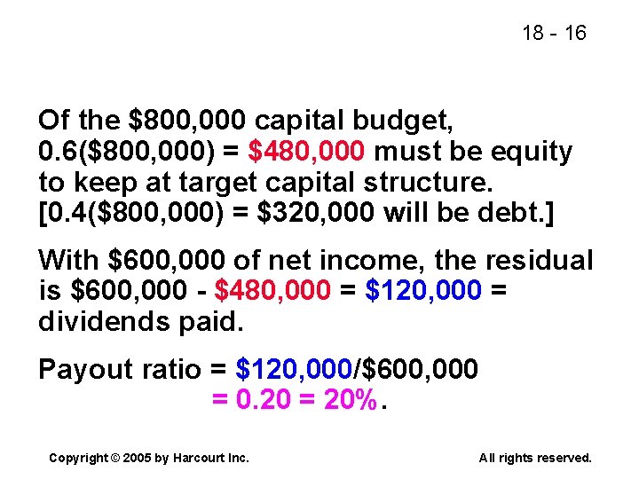 18 - 16 Of the $800, 000 capital budget, 0. 6($800, 000) = $480,