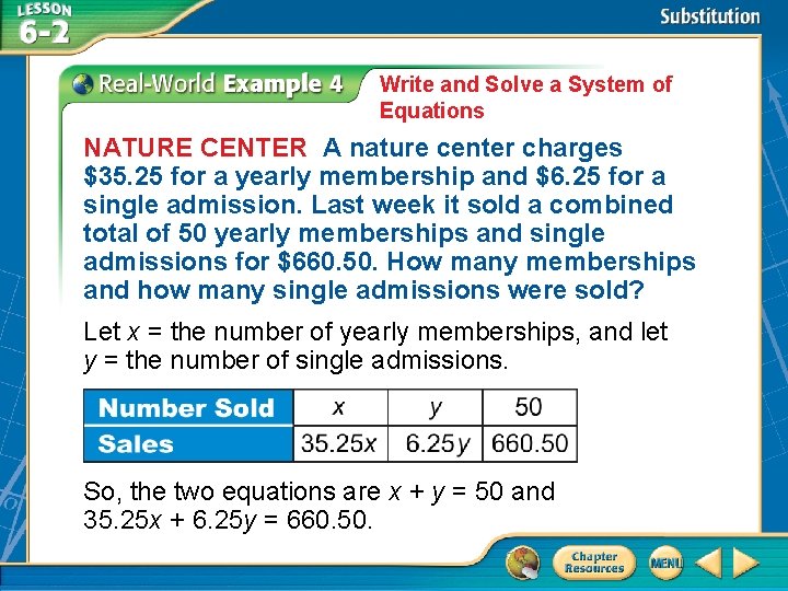 Write and Solve a System of Equations NATURE CENTER A nature center charges $35. Write and Solve a System of Equations NATURE CENTER A nature center charges $35.