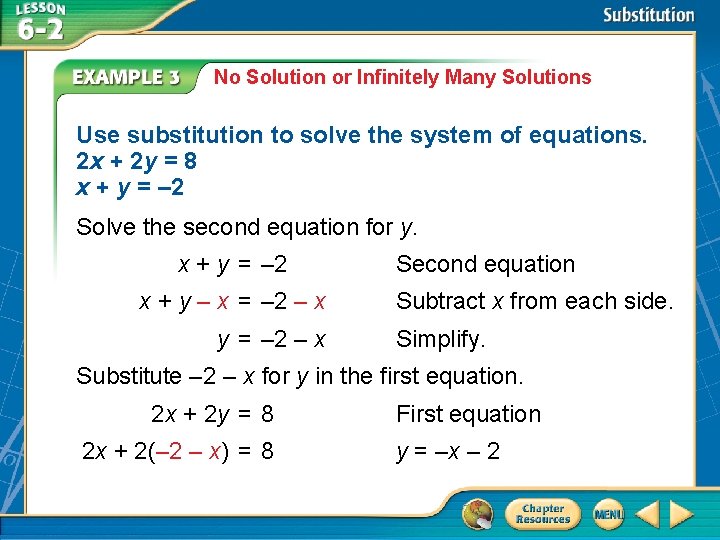 No Solution or Infinitely Many Solutions Use substitution to solve the system of equations. No Solution or Infinitely Many Solutions Use substitution to solve the system of equations.