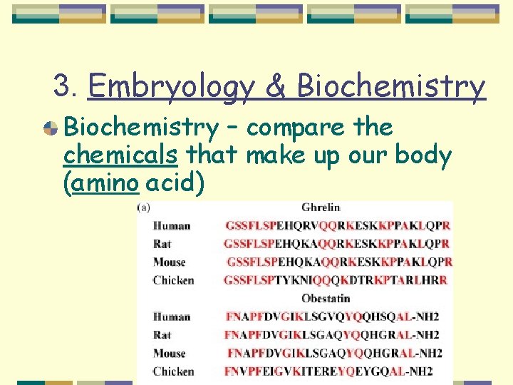 3. Embryology & Biochemistry – compare the chemicals that make up our body (amino