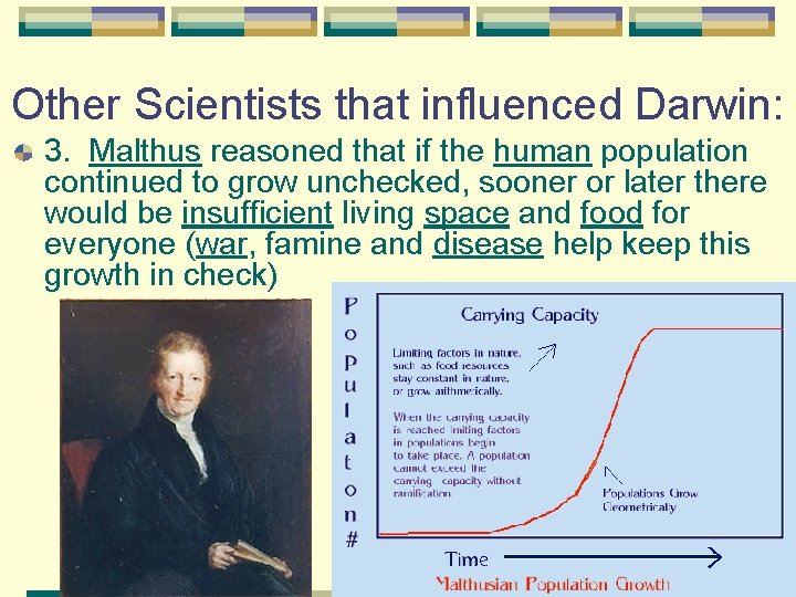 Other Scientists that influenced Darwin: 3. Malthus reasoned that if the human population continued
