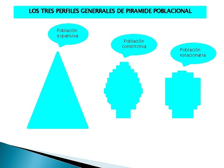 LOS TRES PERFILES GENERRALES DE PIRAMIDE POBLACIONAL Población expansiva Población constrictiva Población estacionaria 
