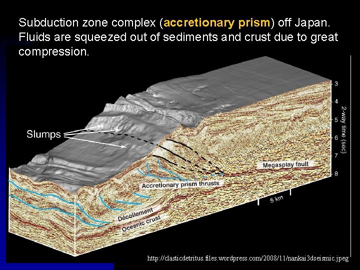 Subduction zone complex (accretionary prism) off Japan. Fluids are squeezed out of sediments and