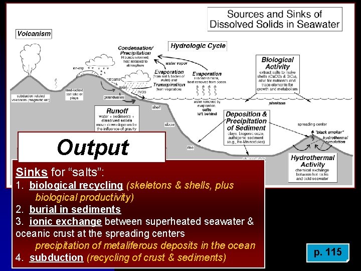 Output Sinks for “salts”: 1. biological recycling (skeletons & shells, plus biological productivity) 2.