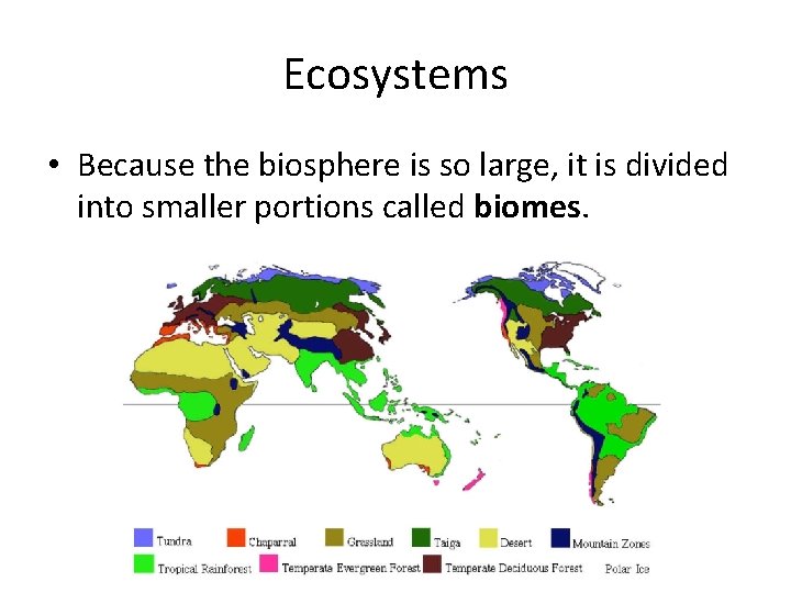 Ecosystems • Because the biosphere is so large, it is divided into smaller portions