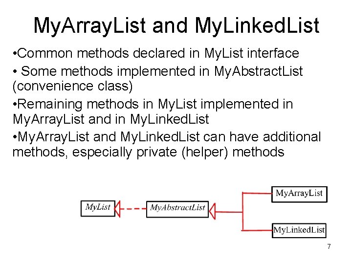 My. Array. List and My. Linked. List • Common methods declared in My. List