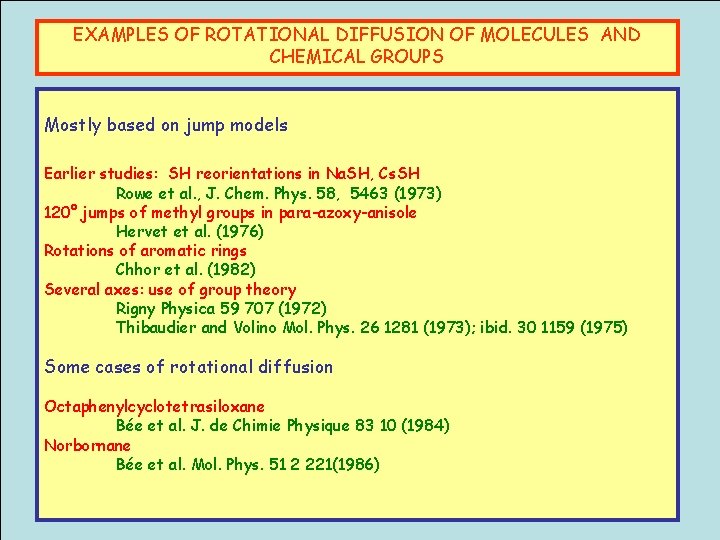 EXAMPLES OF ROTATIONAL DIFFUSION OF MOLECULES AND CHEMICAL GROUPS Mostly based on jump models