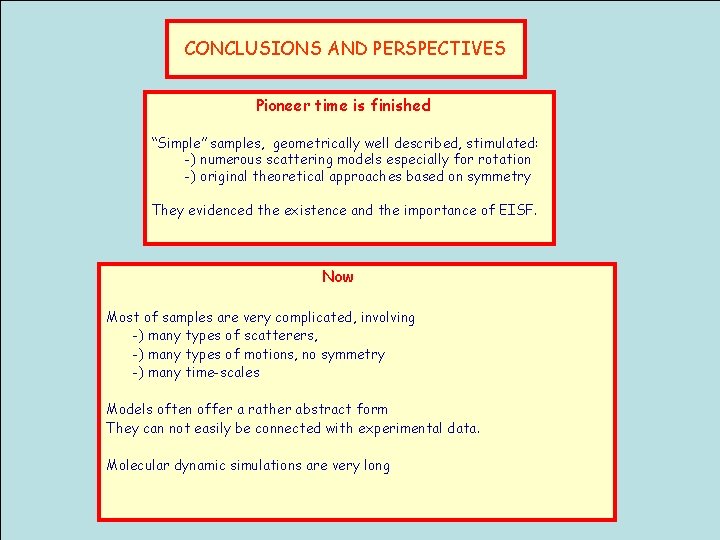 CONCLUSIONS AND PERSPECTIVES Pioneer time is finished “Simple” samples, geometrically well described, stimulated: -)