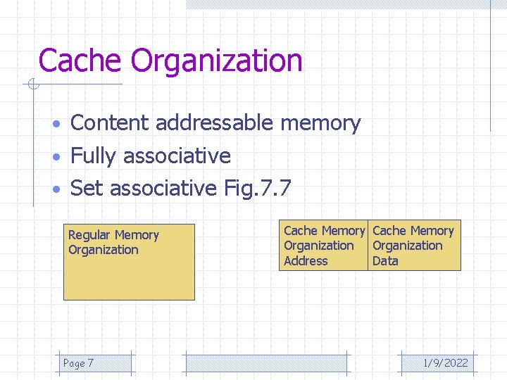 Cache Organization • Content addressable memory • Fully associative • Set associative Fig. 7.