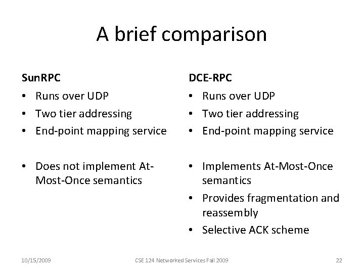 A brief comparison Sun. RPC DCE-RPC • Runs over UDP • Two tier addressing