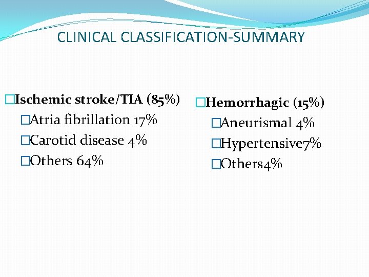 CLINICAL CLASSIFICATION-SUMMARY �Ischemic stroke/TIA (85%) �Hemorrhagic (15%) �Atria fibrillation 17% �Aneurismal 4% �Carotid disease