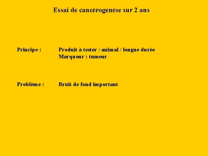 Essai de cancérogenèse sur 2 ans Principe : Produit à tester / animal /