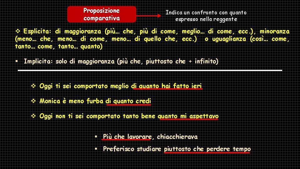 Proposizione comparativa Indica un confronto con quanto espresso nella reggente v Esplicita: di maggioranza