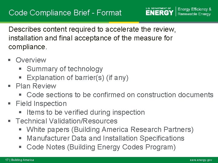 Code Compliance Brief - Format Describes content required to accelerate the review, installation and