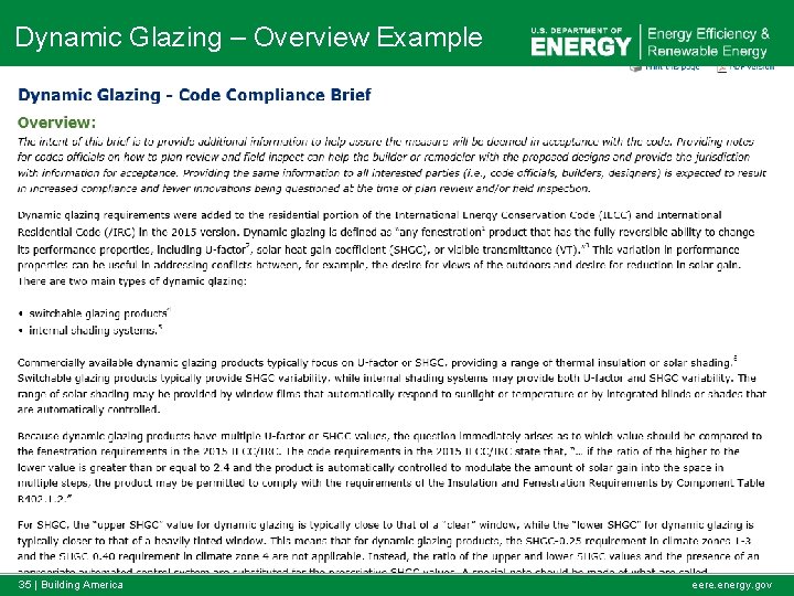 Dynamic Glazing – Overview Example 35 | Building America 35 eere. energy. gov 
