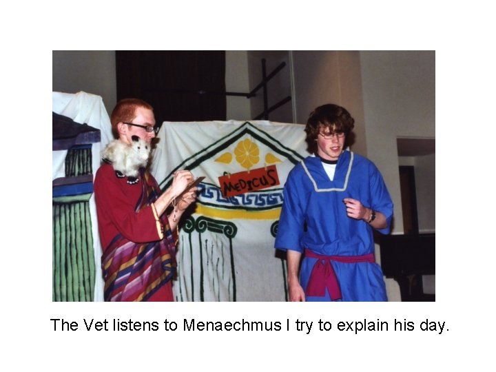 The Vet listens to Menaechmus I try to explain his day. 