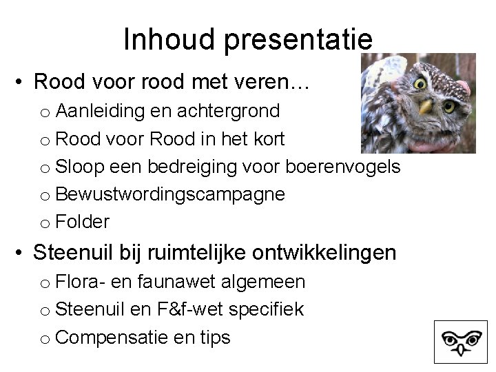 Inhoud presentatie • Rood voor rood met veren… o Aanleiding en achtergrond o Rood