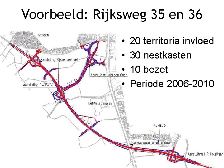 Voorbeeld: Rijksweg 35 en 36 • • 20 territoria invloed 30 nestkasten 10 bezet