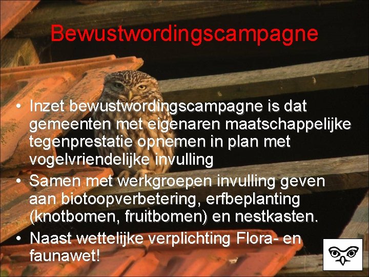 Bewustwordingscampagne • Inzet bewustwordingscampagne is dat gemeenten met eigenaren maatschappelijke tegenprestatie opnemen in plan