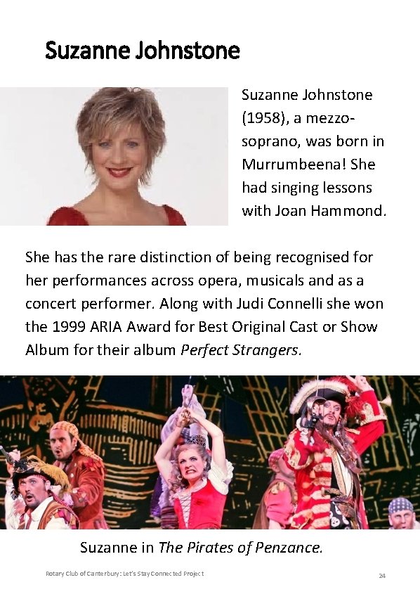Suzanne Johnstone (1958), a mezzosoprano, was born in Murrumbeena! She had singing lessons with