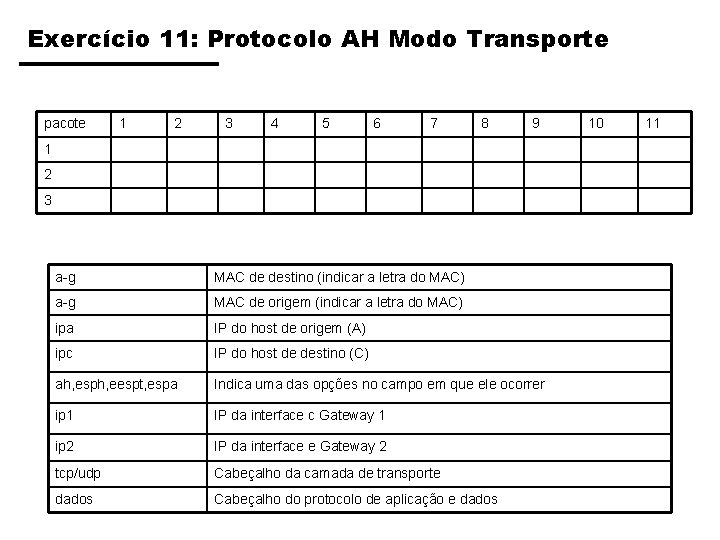 Exercício 11: Protocolo AH Modo Transporte pacote 1 2 3 4 5 6 7