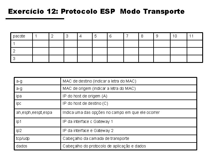 Exercício 12: Protocolo ESP Modo Transporte pacote 1 2 3 4 5 6 7