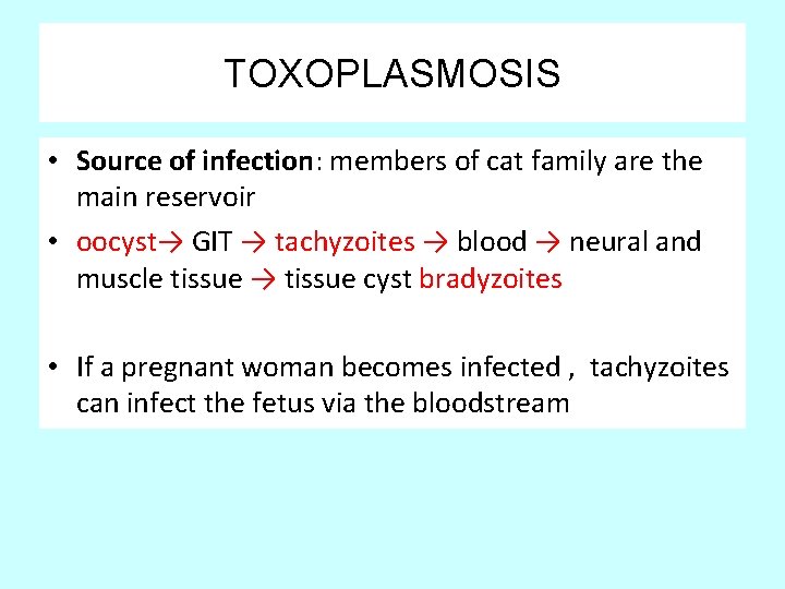 TOXOPLASMOSIS • Source of infection: members of cat family are the main reservoir •