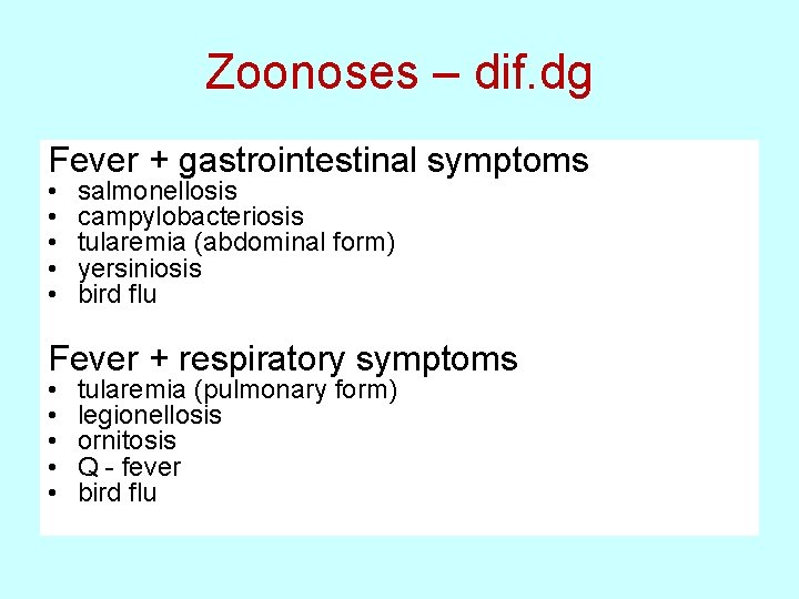 Zoonoses – dif. dg Fever + gastrointestinal symptoms • • • salmonellosis campylobacteriosis tularemia