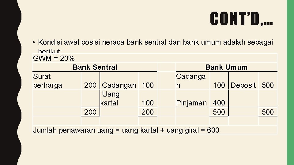CONT’D, … • Kondisi awal posisi neraca bank sentral dan bank umum adalah sebagai