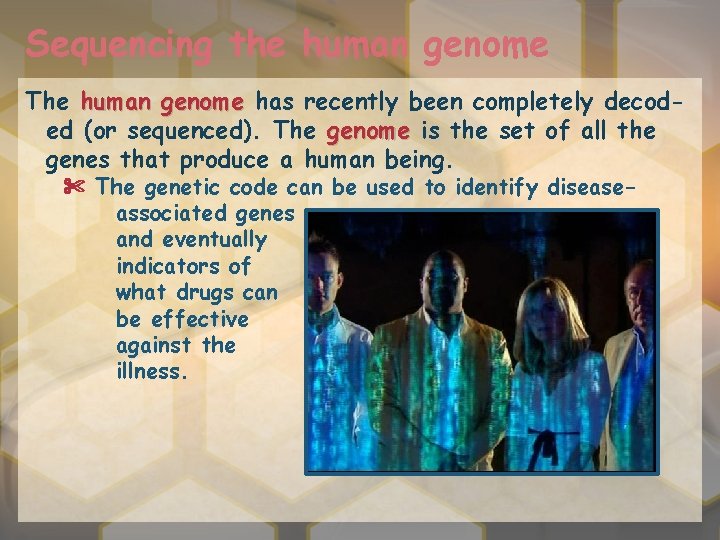 Sequencing the human genome The human genome has recently been completely decoded (or sequenced).