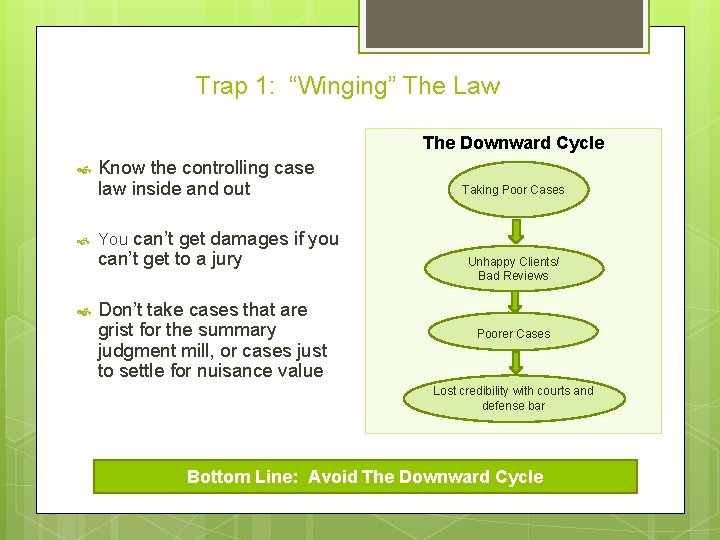 Trap 1: “Winging” The Law The Downward Cycle Know the controlling case law inside