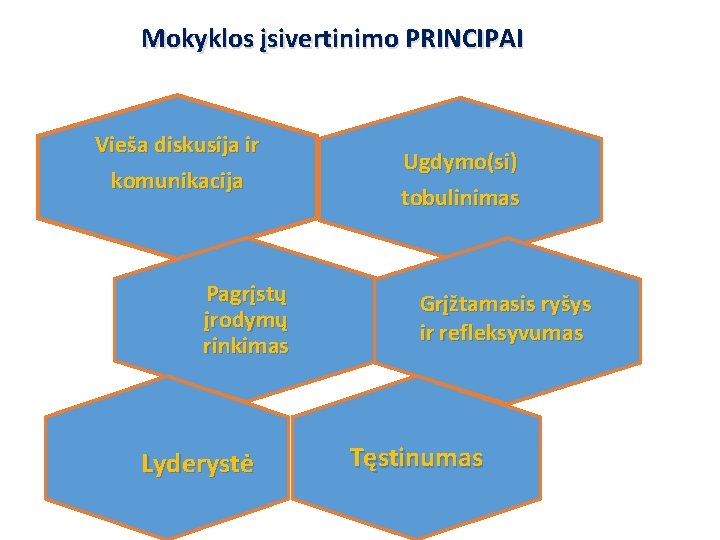 Mokyklos įsivertinimo PRINCIPAI Vieša diskusija ir komunikacija Pagrįstų įrodymų rinkimas Lyderystė Ugdymo(si) tobulinimas Grįžtamasis