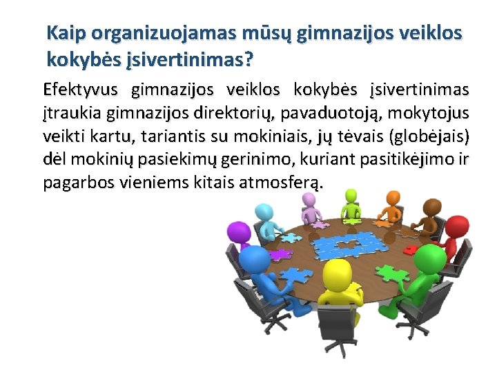 Kaip organizuojamas mūsų gimnazijos veiklos kokybės įsivertinimas? Efektyvus gimnazijos veiklos kokybės įsivertinimas įtraukia gimnazijos