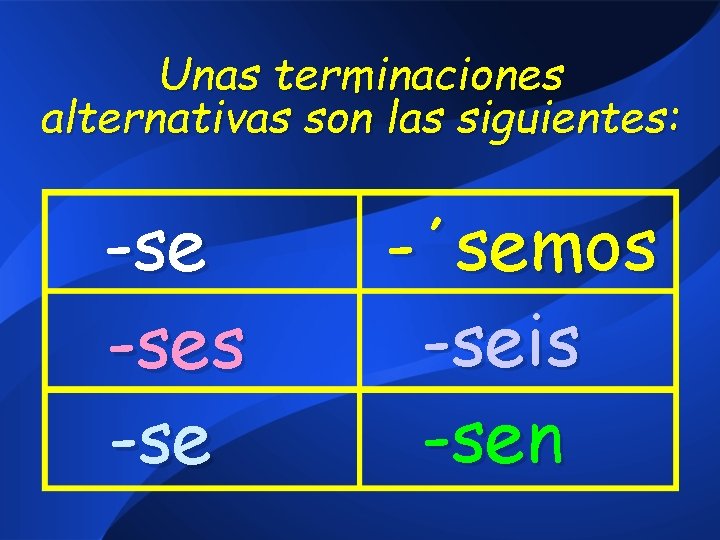 Unas terminaciones alternativas son las siguientes: -ses -se -΄semos -seis -sen 