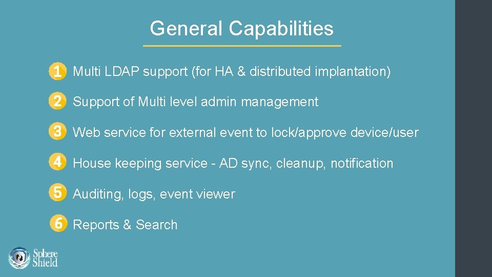 General Capabilities Multi LDAP support (for HA & distributed implantation) Support of Multi level
