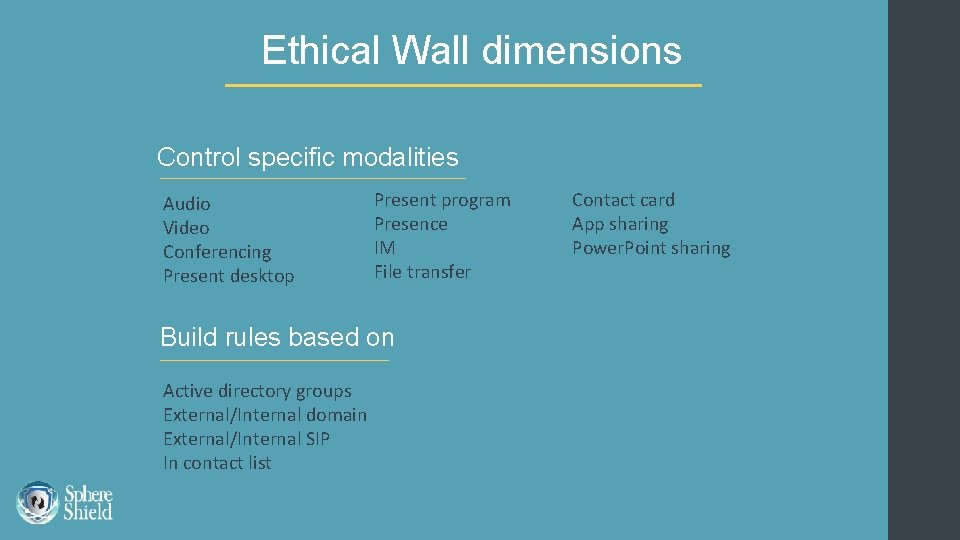 Ethical Wall dimensions Control specific modalities Audio Video Conferencing Present desktop Present program Presence