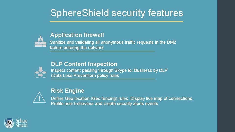 Sphere. Shield security features Application firewall Sanitize and validating all anonymous traffic requests in