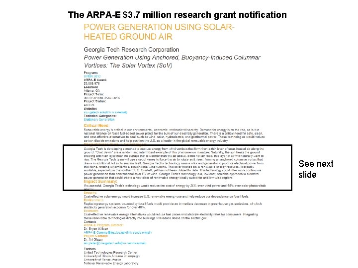 The ARPA-E $3. 7 million research grant notification See next slide 