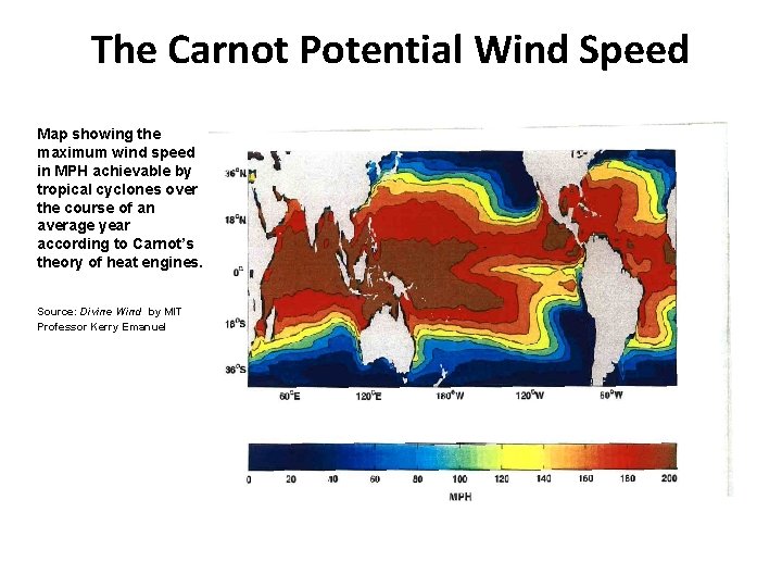 The Carnot Potential Wind Speed Map showing the maximum wind speed in MPH achievable