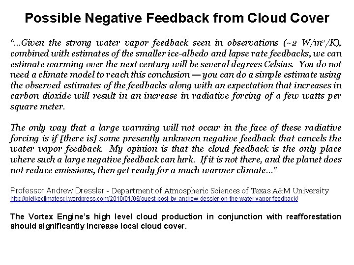 Possible Negative Feedback from Cloud Cover “…Given the strong water vapor feedback seen in