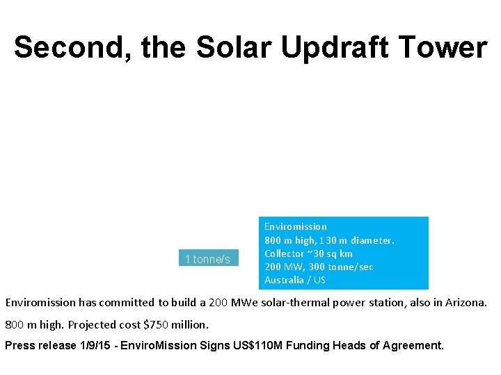 Second, the Solar Updraft Tower 1 tonne/s Enviromission 800 m high, 130 m diameter.