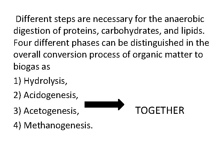 Different steps are necessary for the anaerobic digestion of proteins, carbohydrates, and lipids. Four