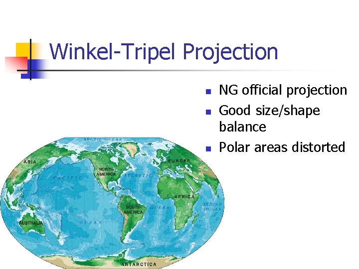 Winkel-Tripel Projection n NG official projection Good size/shape balance Polar areas distorted Winkel-Tripel Projection n NG official projection Good size/shape balance Polar areas distorted
