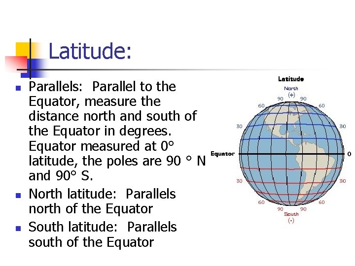 Latitude: n n n Parallels: Parallel to the Equator, measure the distance north and Latitude: n n n Parallels: Parallel to the Equator, measure the distance north and